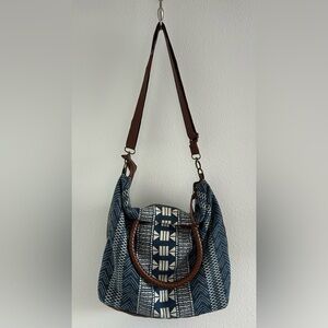 T Shirt & Jeans Boho Indigo Patterned Hobo Bag with Brown Leather Trim